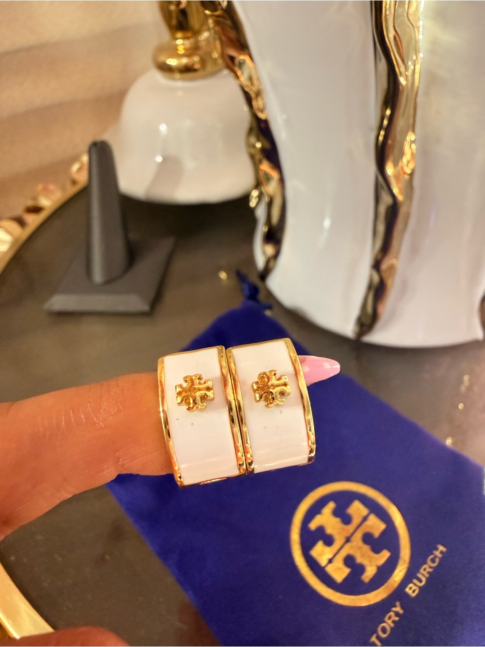 Tory Burch White and Gold Enamel Double-T Huggie Earrings